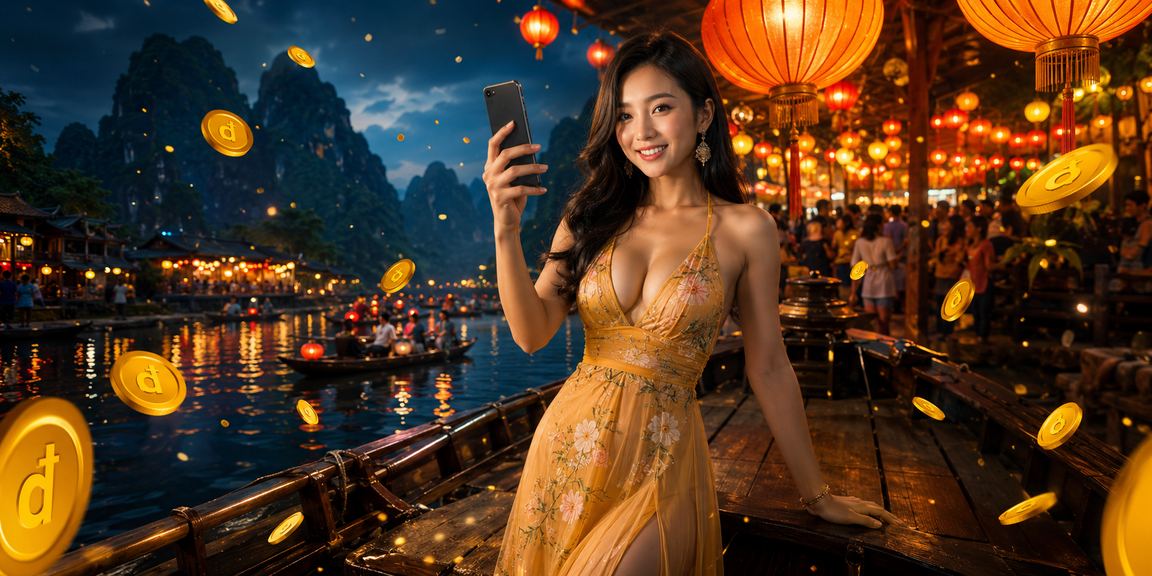 Người dùng truy cập nền tảng giải trí trực tuyến tại chợ đêm Ninh Bình trên điện thoại